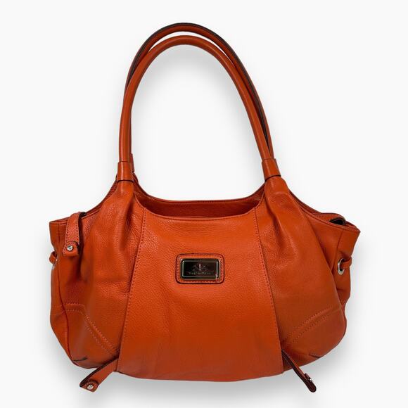 Isaac Mizrahi Leather Handbag Orange Satchel Zip Close Handles Inner Pockets - Picture 1 of 14